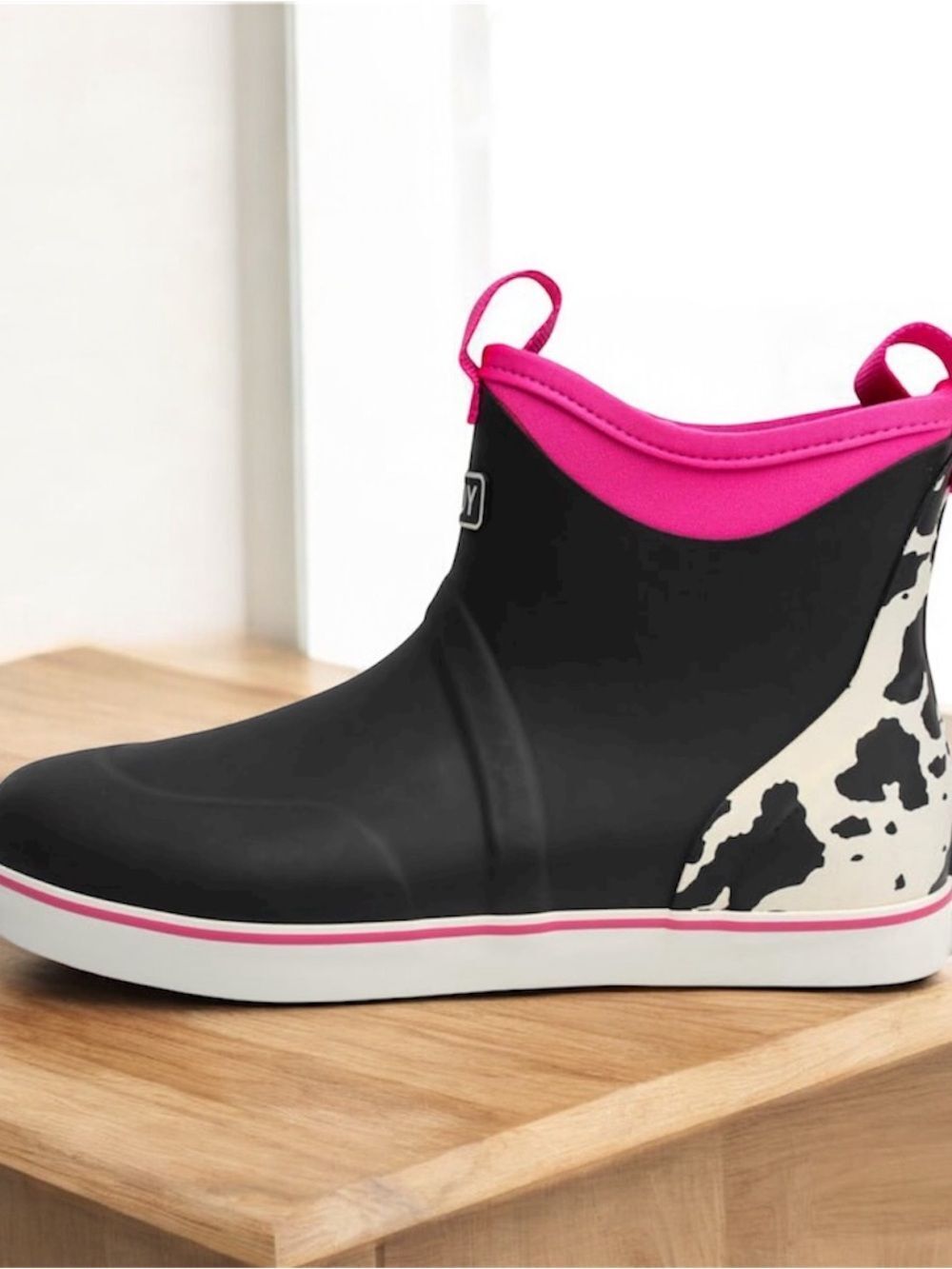 Women’s Black & Hot Pink Short Waterproof Rain Boot with Cow-Print Heel